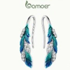 Bamoer Sterling 925 Silver Exquisite Feather Dangle Earrings Hypoallergenic